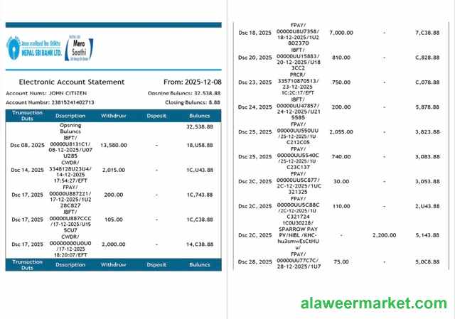 Nepal SBI Bank electronic account statement Word and PDF template, 2 pages